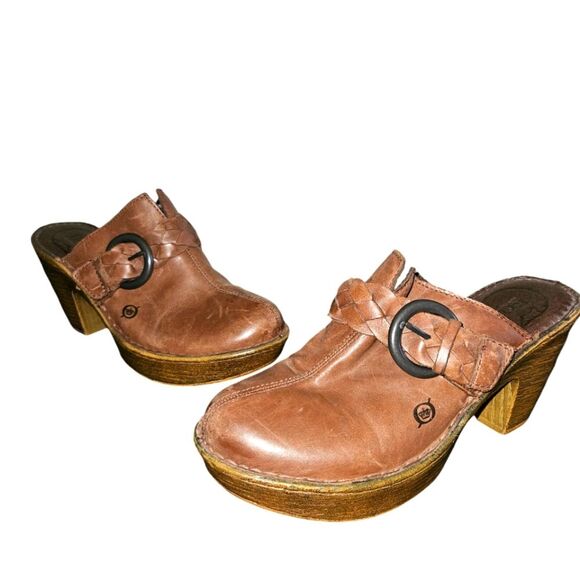 Born Brown Leather Braided Buckle Platform Slip -On Clog Size 9 - Picture 2 of 9